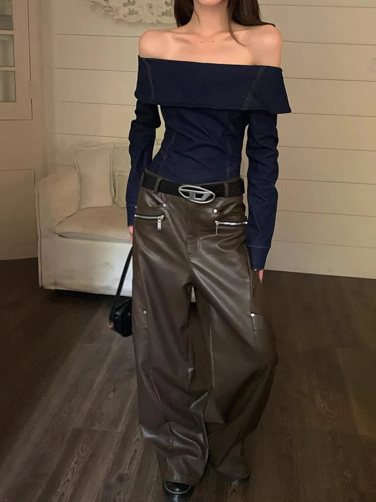 Denim Off Shoulder Blouse Top Plain Blue Long Sleeves T-shirt Blue / S Blue / L Blue / M Blue / S-Blue / L-Blue / M-