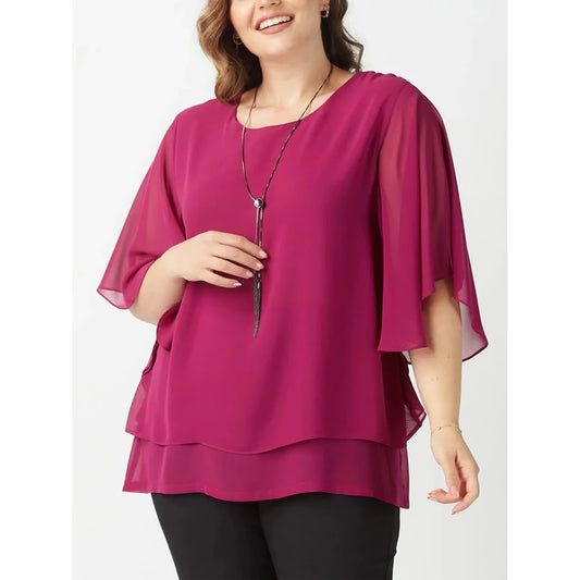 Women Plus Size Mesh Tierred Patchwork Blouse Round Neck Half Sleeves Elegant Female Shirts Pullovers Summer Office Lady Blouses