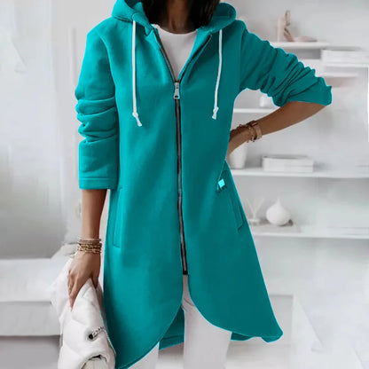 Autumn Women Long Hoodies Coat Zip Up Solid Hooded Casual Pockets Long Jackets