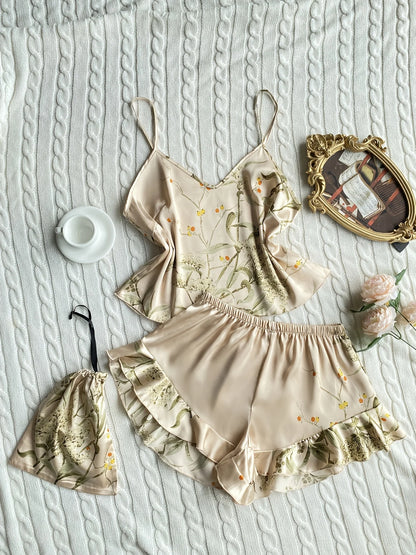 Elegant Floral Print Cami Tops   Ruffle Hem Shorts Pajama Set  Women's Sleepwear