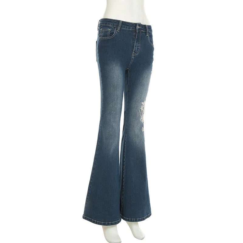 Woman's Flowers Embroidered Flared Denim Pants Slim Dragging Long Jeans
