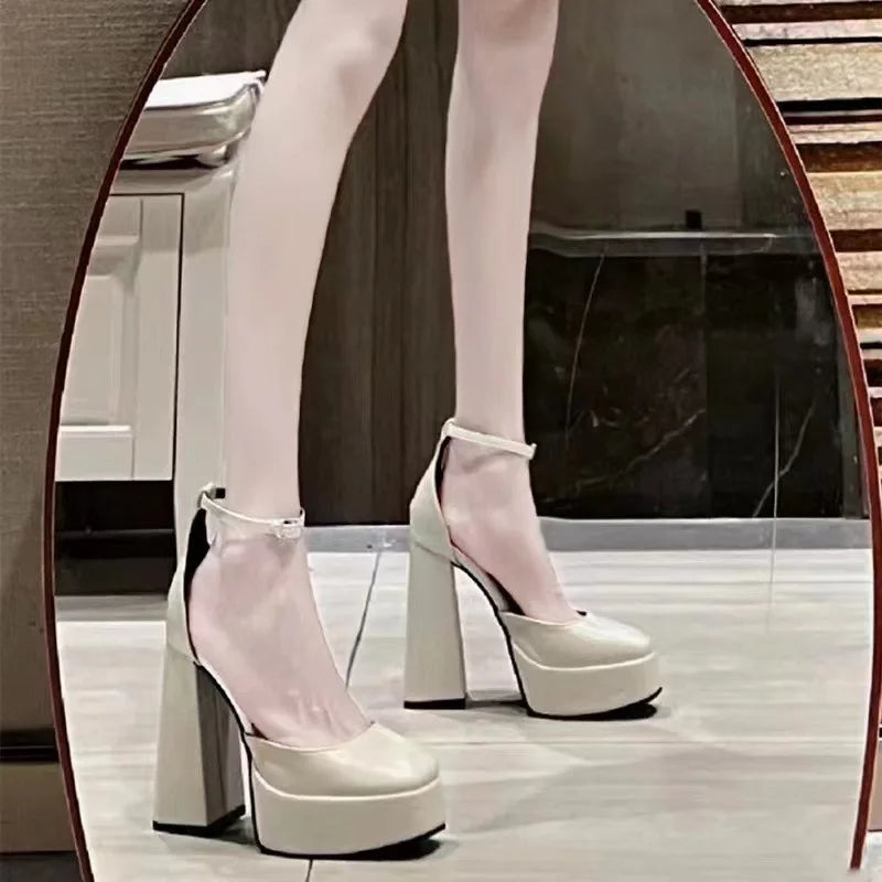 Super-high Heel Thick Heel Shoes Platform Sandal Elegant Round Toe White Heels BEIGE / 35 / United States BLACK / 40 / United States 