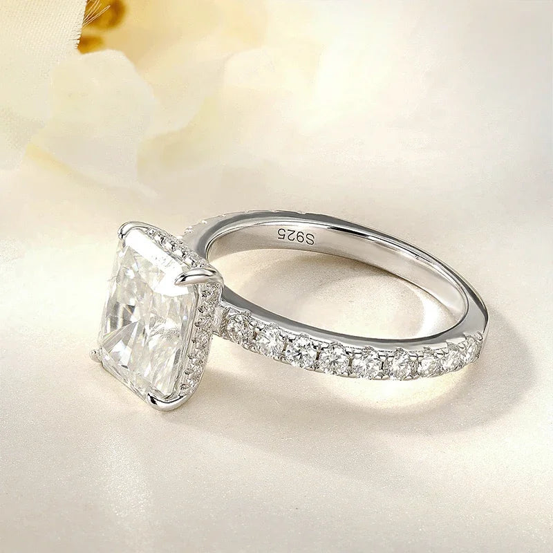 BXINY 4CT Emerald/Radiant Cut Full Moissanite Rings S925 Silver for Women Rectangle Diamond Wedding Bands Gifts Jewelry With GRA