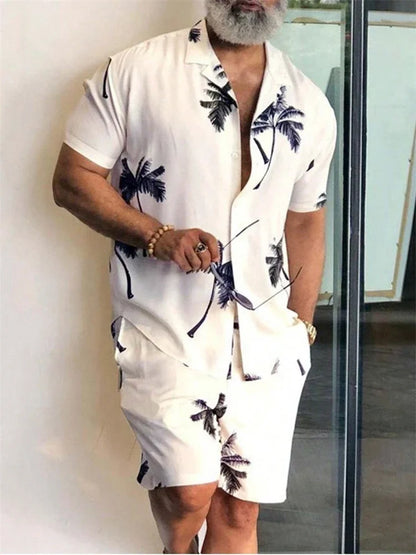 Men's Hawaiian Short-Sleeved Shirt Shorts Set Drawstring Shorts Jungle Print