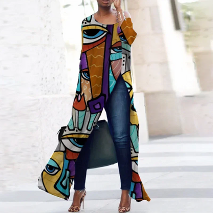 Cotton-Blended Printed T-shirt for Women Loose Fit Long Shirt Split-side Casual
