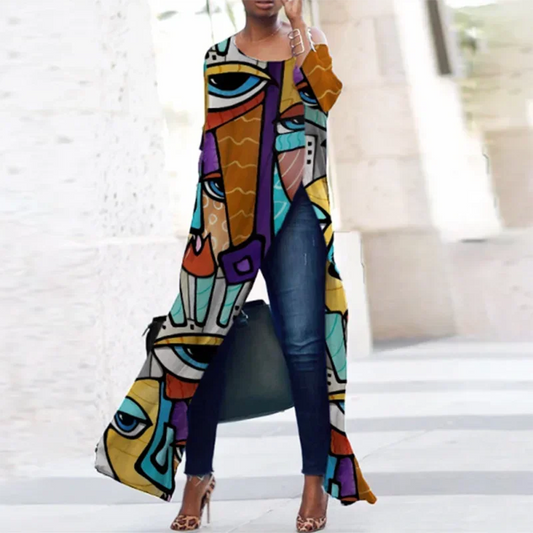Cotton-Blended Printed T-shirt for Women Loose Fit Long Shirt Split-side Casual