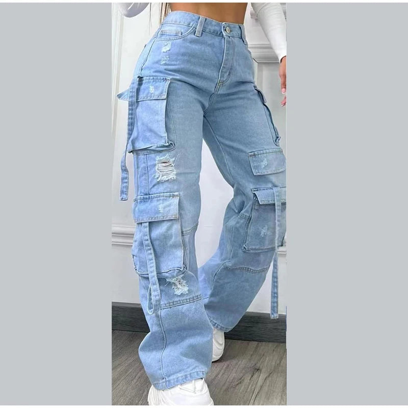 High Waist Cargo Denim Jeans With Full Rhinestones Sparkling Casual Baggy Pants Streetwear Chic Daily Trousers