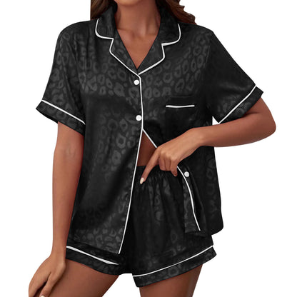 Womens Satin Printed Pajamas Sets Short Sleeved Lapel Silk