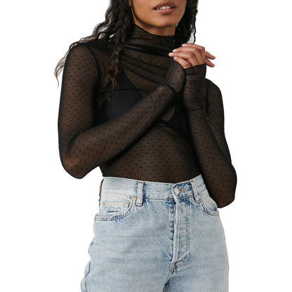 Women Sheer Mesh T-Shirt Mock Neck Long Sleeve Crop Tops Retro See Through Shirt