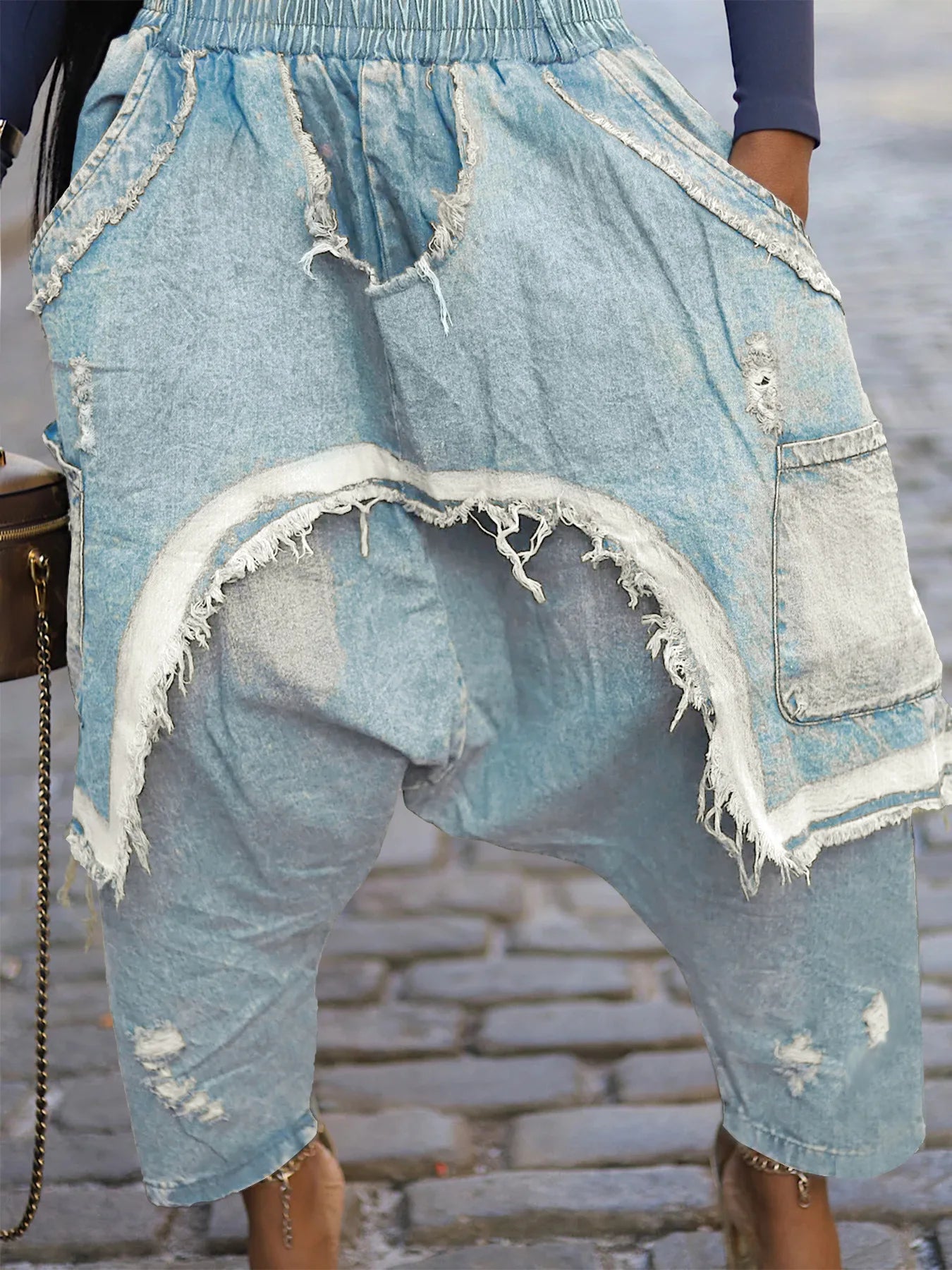 Women Streetwear Ripped Out Hole Denim Pants Loose Safari Style Cargo Harem