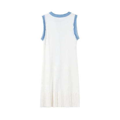 Denim Patchwork Skirts Round Collar Sleeveless Slim Dress Single-breasted Splicing