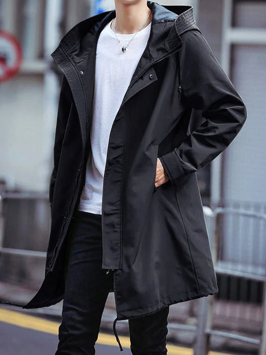 Long Trench Coat Men Fashion Hooded Windbreaker Black Overcoat Casual Jackets