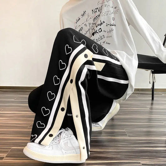 Harajuku Wide leg Sweatpants Oversize Men Side Button Baggy Pants Casual Sport Split Basketball Women Track Trousers