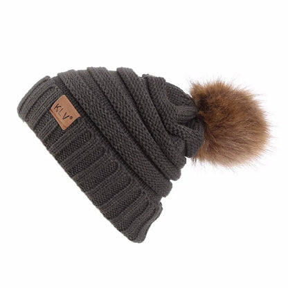 Cute Print Embroidery Beanies For Women Men Winter Wool Warm Fur Pompom