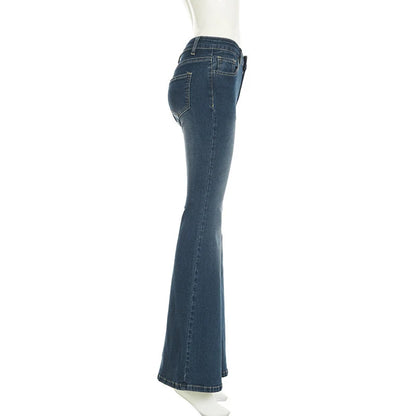 Woman's Flowers Embroidered Flared Denim Pants Slim Dragging Long Jeans