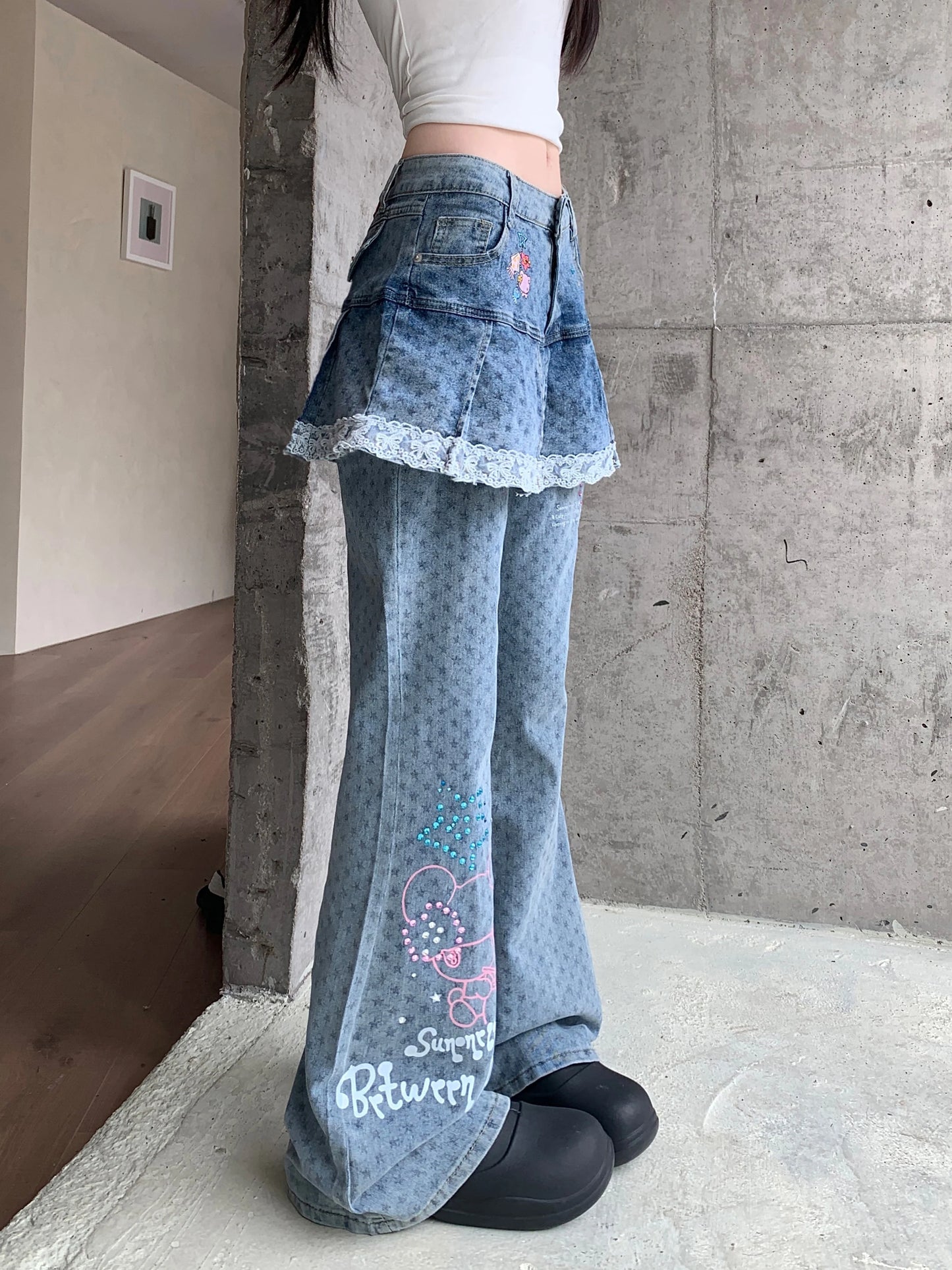 Women's Blue Graffiti Splicing Jeans Cargo Baggy Y2K American Harajuku Streetwear 2000S Style 90s Retro Jeans Pants Clothing