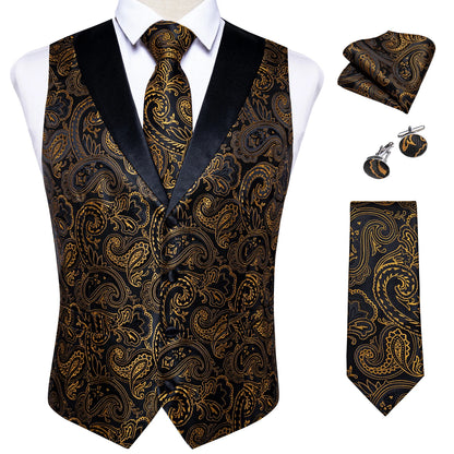 Men's Paisley Silk Suit Vest with Macthing Golden Paisley Neck Tie Handkerchief Cufflinks Wedding Prom Tuxedo Waistcoat