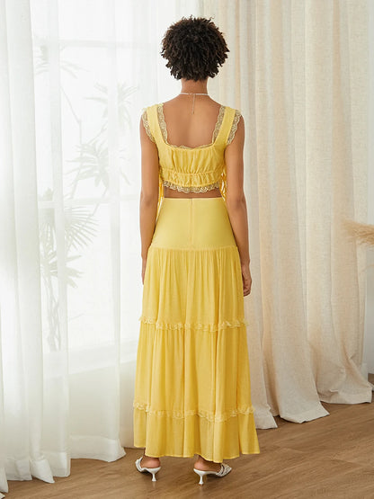 Summer 2Pcs Outfits Lace Trim Sleeveless U-Neck Tank Tops with Long Skirt Set Yellow / M / United States Yellow / S / United States WHITE / S / United States Yellow / M / United States-Yellow / S / United States-WHITE / S / United States-Yellow / L / United States-WHITE / L / United States-WHITE / M / United States-