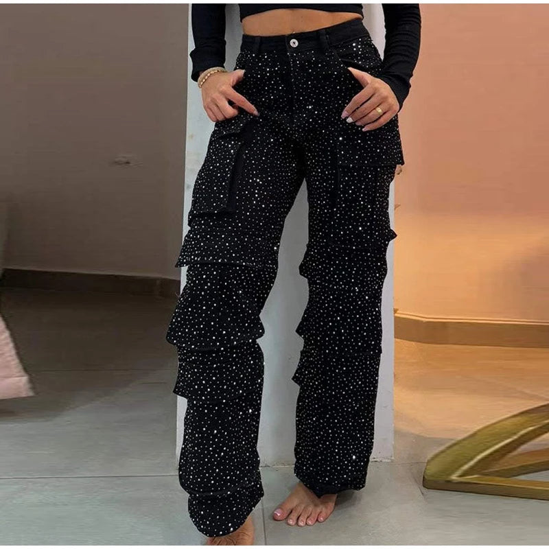 High Waist Cargo Denim Jeans With Full Rhinestones Sparkling Casual Baggy Pants Streetwear Chic Daily Trousers