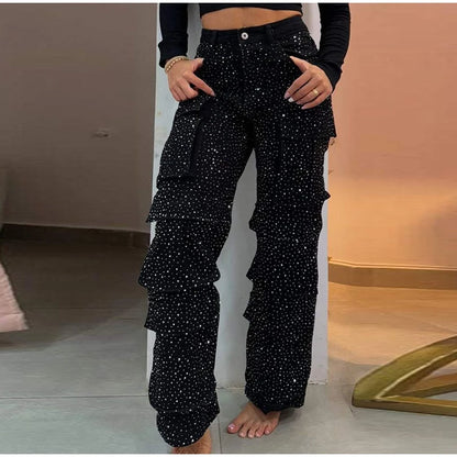High Waist Cargo Denim Jeans With Full Rhinestones Sparkling Casual Baggy Pants Streetwear Chic Daily Trousers