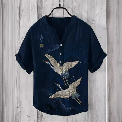 3D digital heat transfer animal landscape 3-button large size stand-up collar short-sleeved shirt