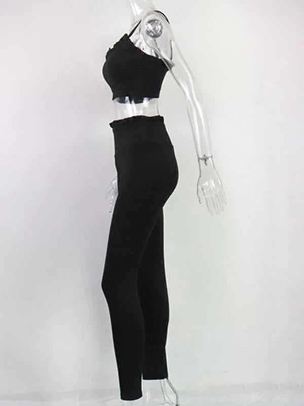 Solid Color Wood Ear Bra & Hip-Lifting High Waist Leggings Pants Fitness Yoga Two Pieces Set