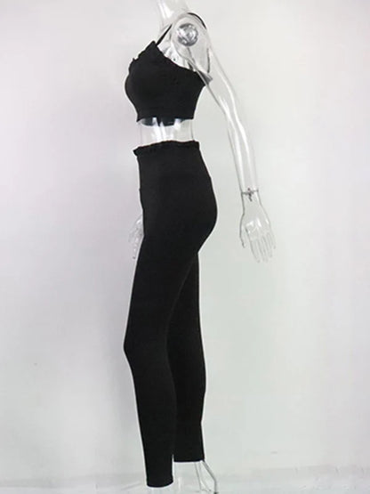 Solid Color Wood Ear Bra & Hip-Lifting High Waist Leggings Pants Fitness Yoga Two Pieces Set