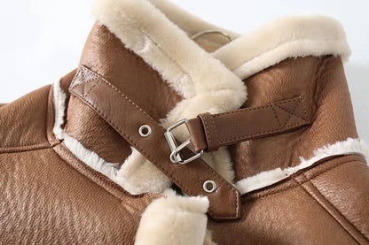 Thick and warm faux leather jacket Coat women's beige long-sleeved belt jacket women 2025 winter fashion new streetwear Tops