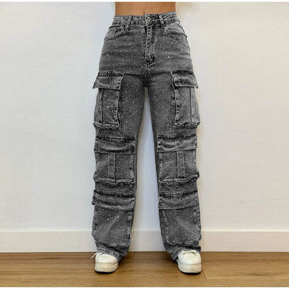 High Waist Cargo Denim Jeans With Full Rhinestones Sparkling Casual Baggy Pants Streetwear Chic Daily Trousers