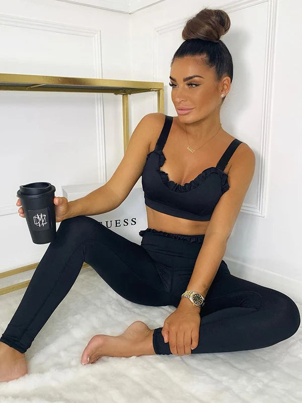 Solid Color Wood Ear Bra & Hip-Lifting High Waist Leggings Pants Fitness Yoga Two Pieces Set