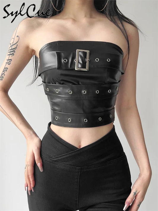 Retro Matte Black Mysterious All-Match Personality Fashionable Belt Chest Wrap Vest