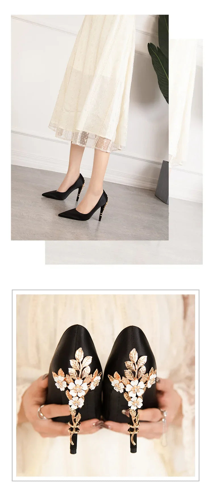 Women's Metal Flowers Stiletto High-heel Shoes Female  Light Luxury Wedding Shoes Pointed Toe