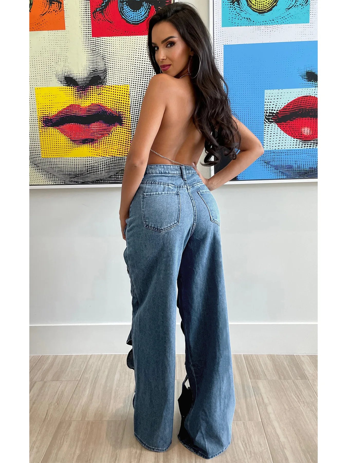 Vintage Cutout Hollow Out Criss Cross Straight Denim Pants High Waist Wide Leg Jeans Trousers