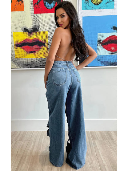 Vintage Cutout Hollow Out Criss Cross Straight Denim Pants High Waist Wide Leg Jeans Trousers