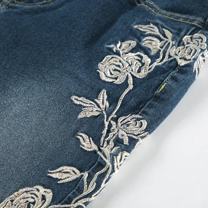 Woman's Flowers Embroidered Flared Denim Pants Slim Dragging Long Jeans