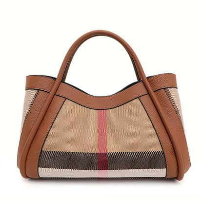 checkered women's handbag, large capacity luxury bag, canvas genuine leather bag