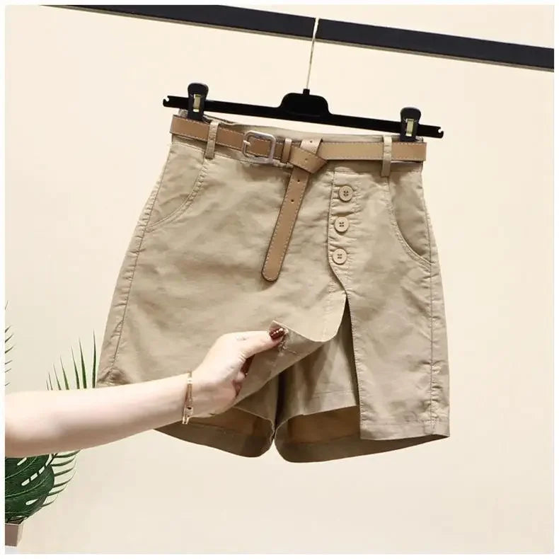 Cotton Shorts High Waist A- Line Skirt with Belt Pure Cotton Pants
