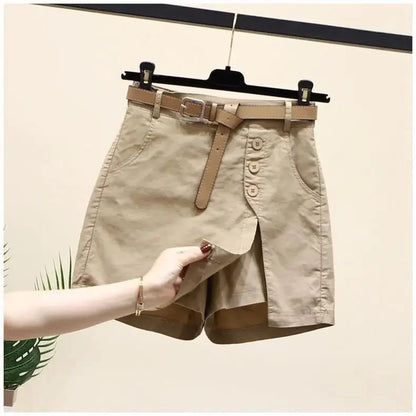 Cotton Shorts High Waist A- Line Skirt with Belt Pure Cotton Pants