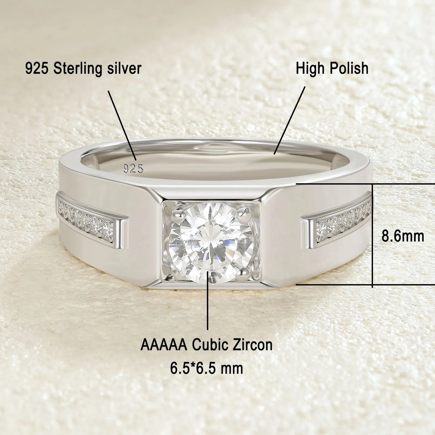 Newshe Men's Wedding Rings 925 Sterling Silver Solitaire Round Cubic Zircon Promise Band Size 8-12