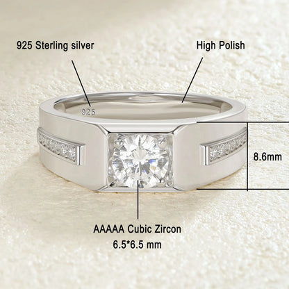 Newshe Men's Wedding Rings 925 Sterling Silver Solitaire Round Cubic Zircon Promise Band Size 8-12