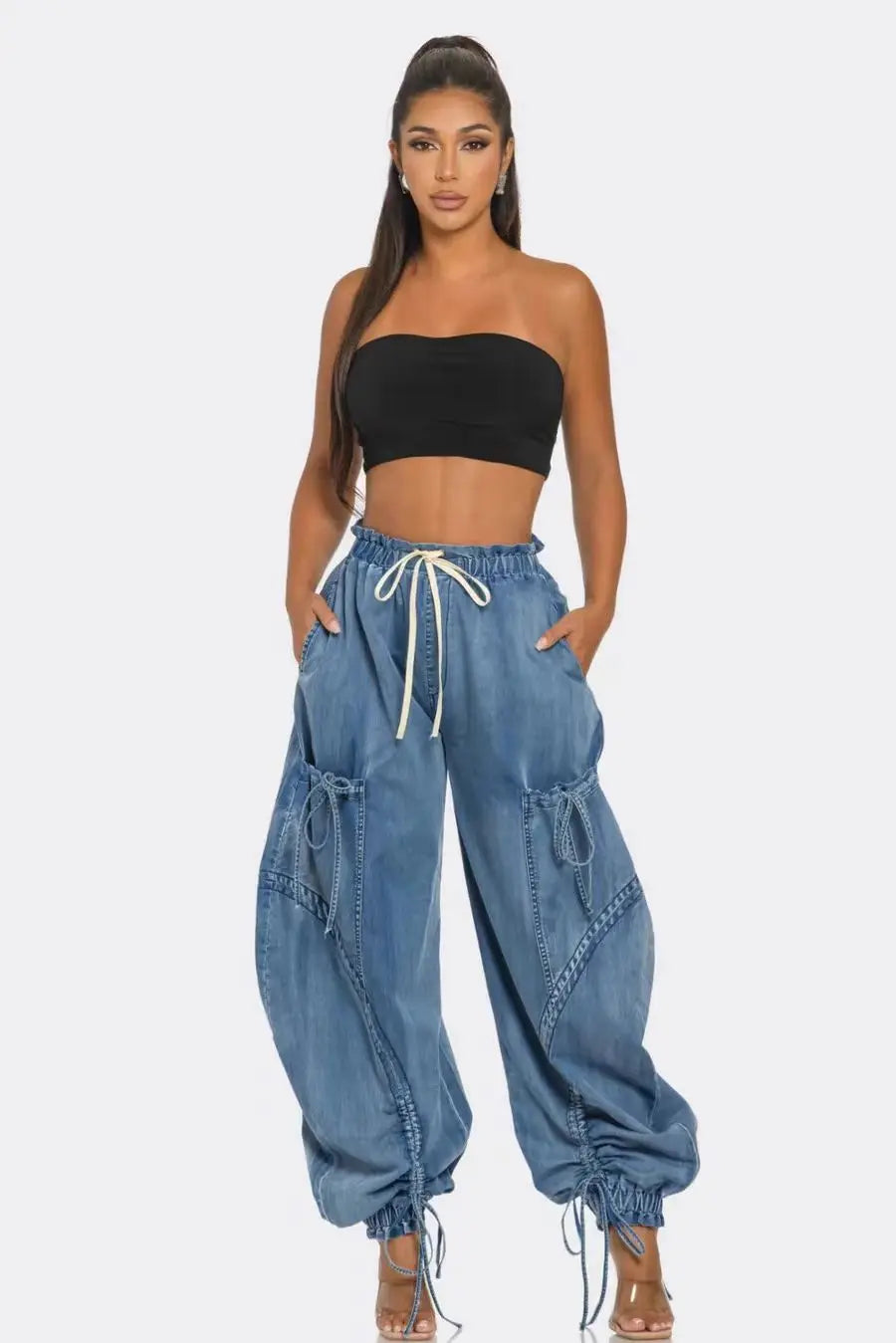 Lace Up Wide Leg Jeans Cargo Pants Women High Waist Elegant Streetwear Denim Loose Trousers