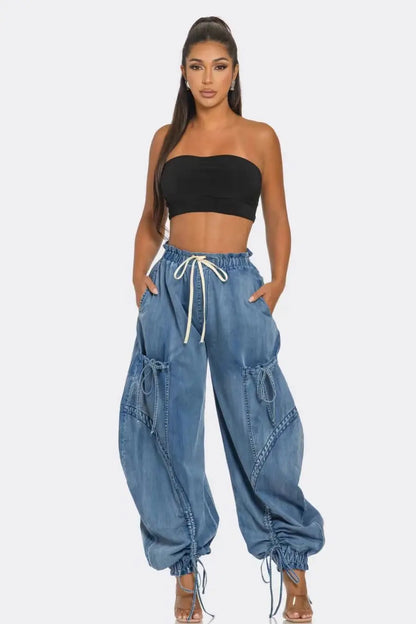 Lace Up Wide Leg Jeans Cargo Pants Women High Waist Elegant Streetwear Denim Loose Trousers