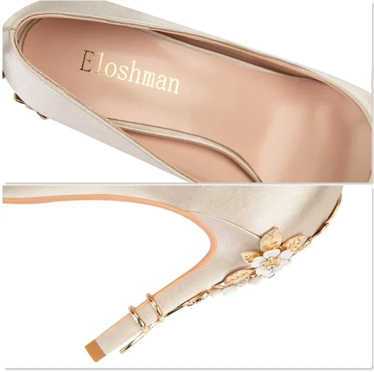 Women's Metal Flowers Stiletto High-heel Shoes Female  Light Luxury Wedding Shoes Pointed Toe