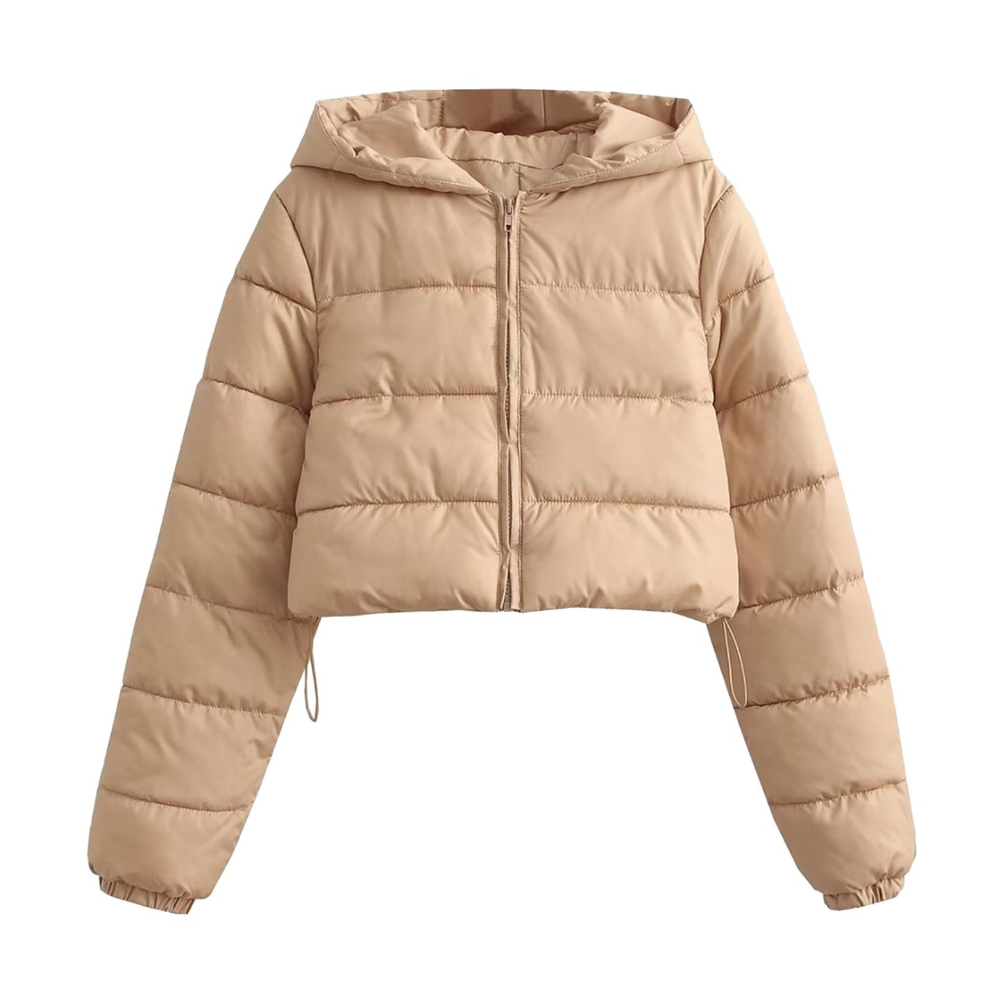 Winter Warm Hooded Jacket Women Fashion Cropped Coats Long Sleeve Outerwear Zipper Padded Coat