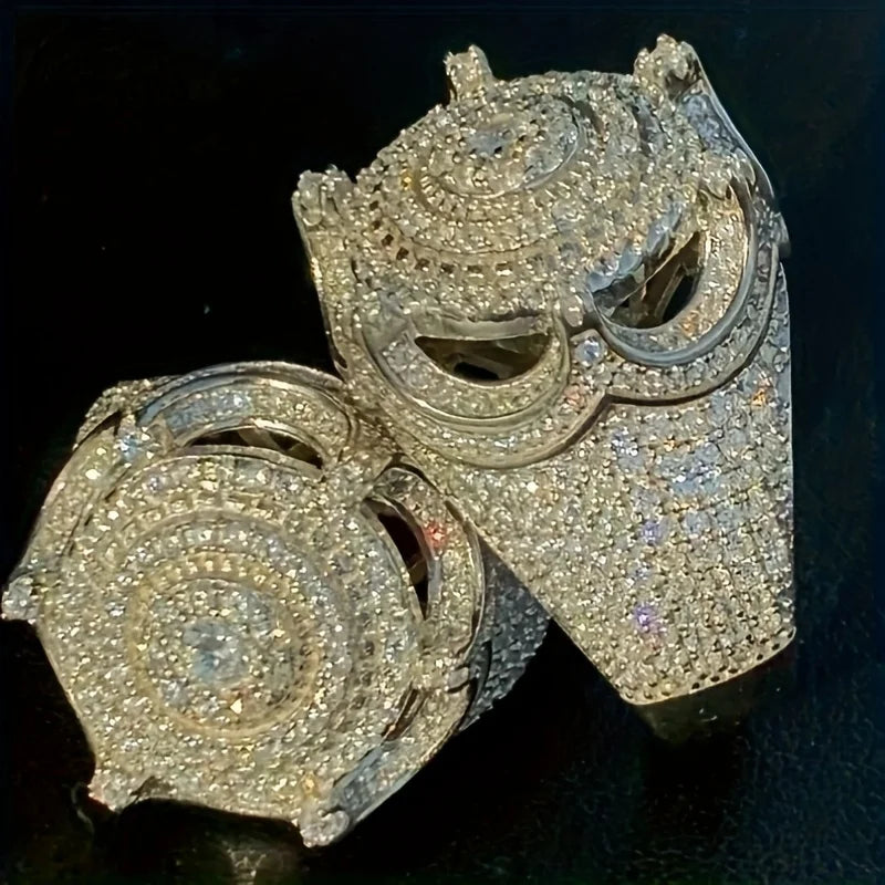 Solid 925 Sterling Silver Men's Ring Iced King Crown Hip Hop Round Cluster Rings Rapper Punk Vintage Jewelry Gift