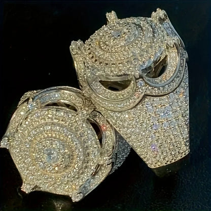 Solid 925 Sterling Silver Men's Ring Iced King Crown Hip Hop Round Cluster Rings Rapper Punk Vintage Jewelry Gift