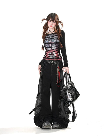 Women's Black Gothic Jeans Cargo Baggy Y2K Harajuku Fashion Streetwear 2000s Style Aesthetic Casual Retro Denim Pants Clothing
