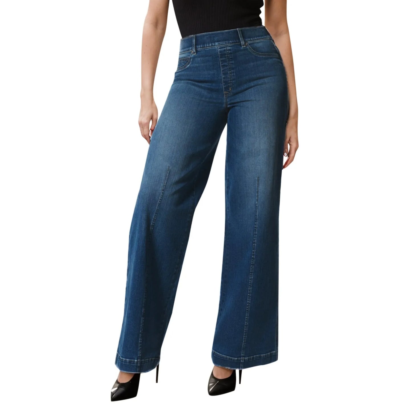 Wide Leg Elastic High Waist Solid Color Daily Wear Loose Full Length Jeans