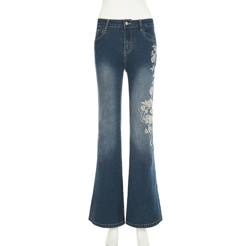 Woman's Flowers Embroidered Flared Denim Pants Slim Dragging Long Jeans