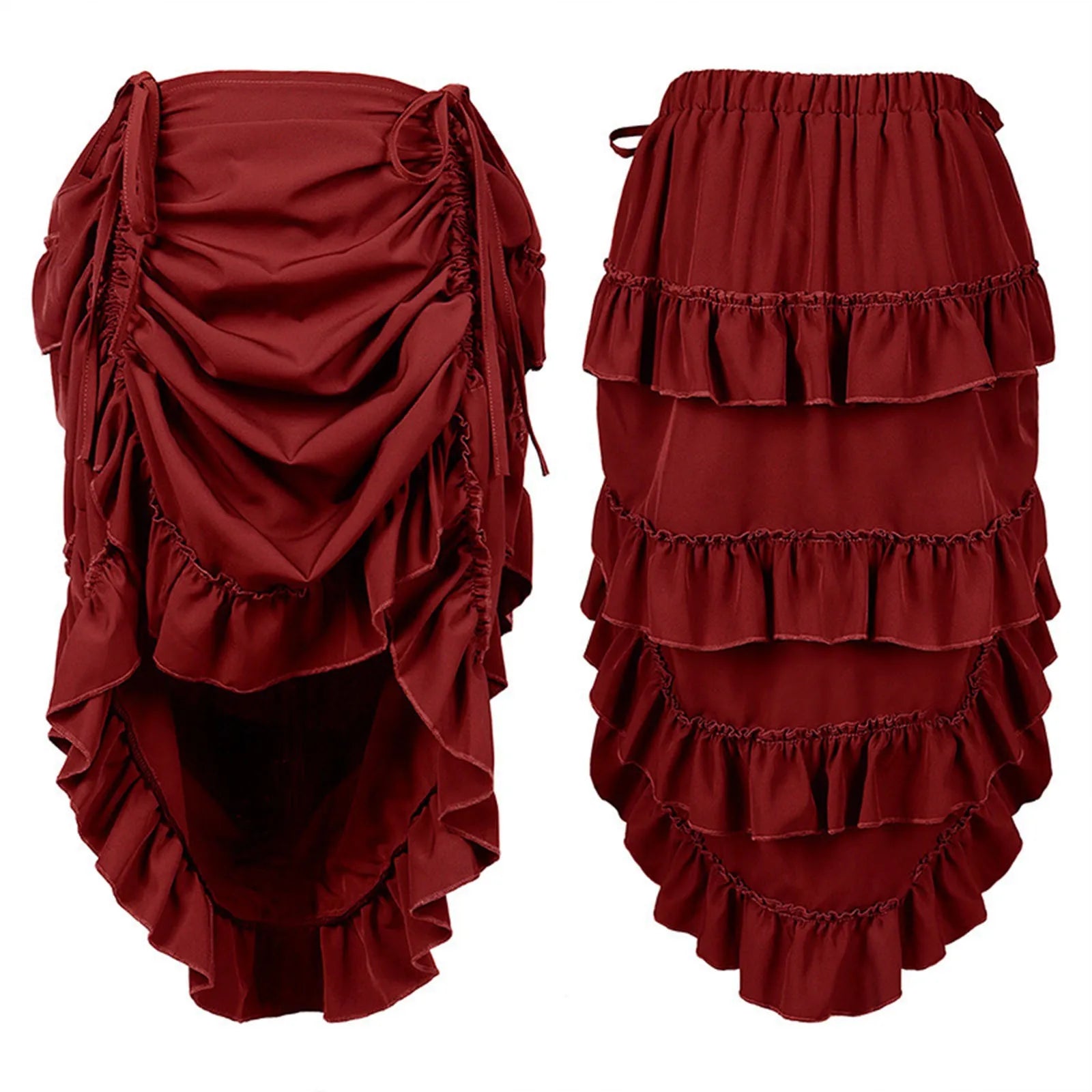 Punk Vintage Skirt For Women Gothic Steampunk Midi Ruffle Hem High Waist Pleated Red United States